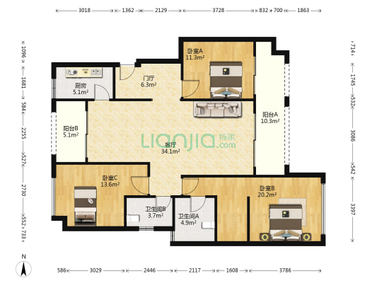 恒大云湖上郡观山悦4.2期 3室1厅2卫 128平方