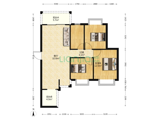 富景花园 3室1厅0卫 100平方