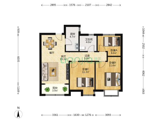 鑫苑世家公馆文博苑 3室1厅1卫 97平方
