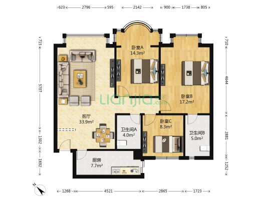 风华庭 3室1厅2卫 108平方