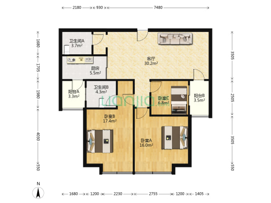 嘉铭怡园 3室1厅2卫 120平方
