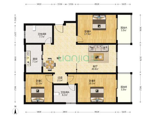 人民北路 3室1厅2卫 149平方