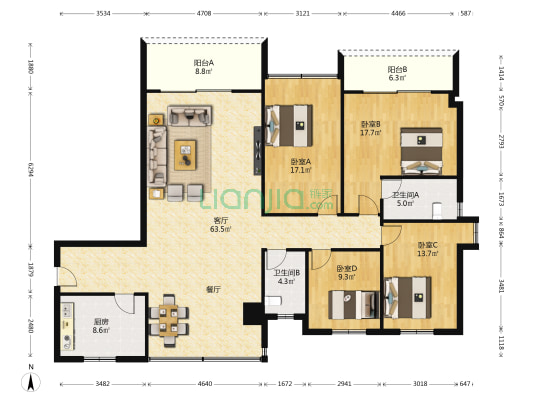 景福大厦 4室1厅2卫 167平方