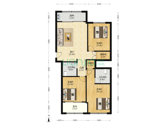 长春佳园 3室1厅2卫 108平方