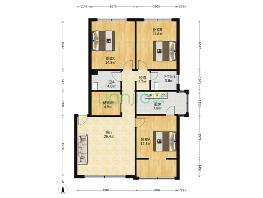 教师新村北院 3室1厅2卫 120平方