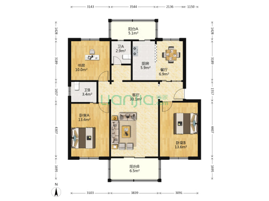 一品园 3室2厅2卫 113平方