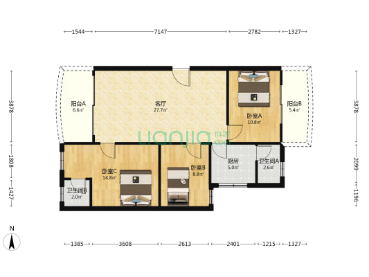 环城中路1号 3室1厅2卫 96平方