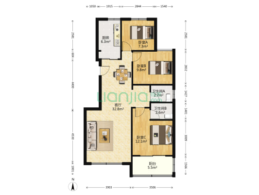 丁桥兰苑 3室1厅2卫 109平方
