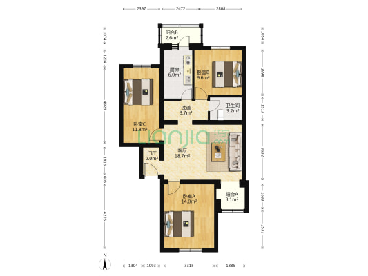 京华园 3室1厅1卫 101平方