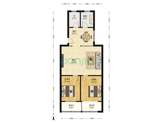 科文宿舍 2室2厅1卫 86平方