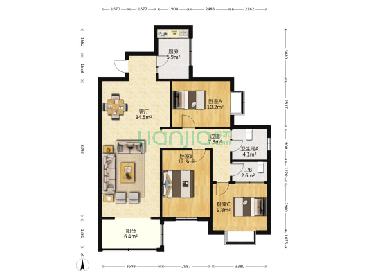 府西国际公寓 3室1厅2卫 130平方
