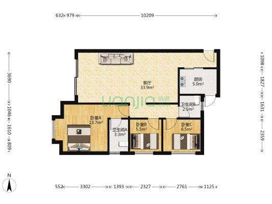 祥顺豪庭 3室1厅2卫 96平方