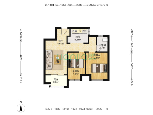 翰宸雅苑 2室1厅1卫 66平方