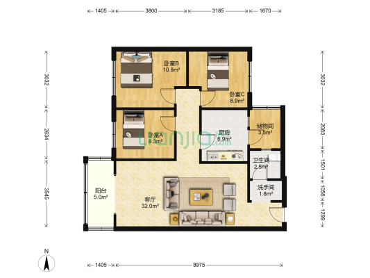 青乐苑A区 3室1厅2卫 93平方