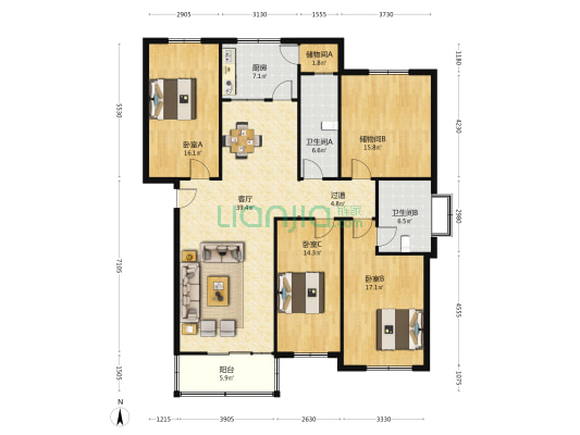 金港湾花园 3室1厅2卫 166平方