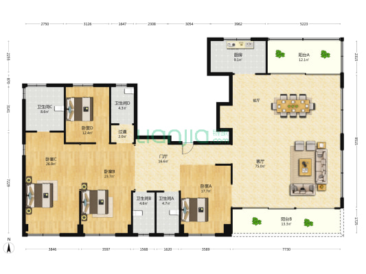 鸿翔东望隽府 4室1厅4卫 283平方