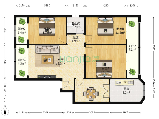 韩式步行街宿舍楼 3室2厅1卫 135平方