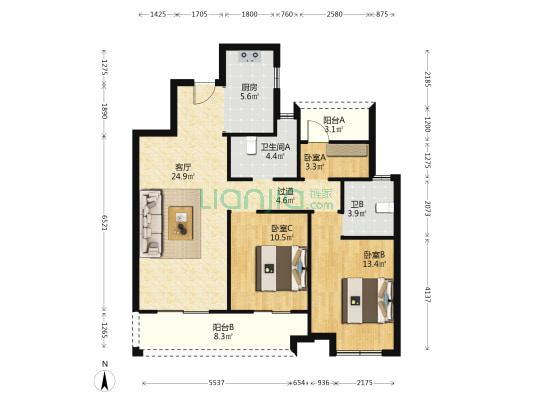 中梁正荣府 3室1厅2卫 106平方