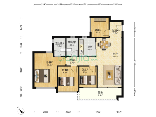 中建天河精诚壹号 4室1厅2卫 89平方