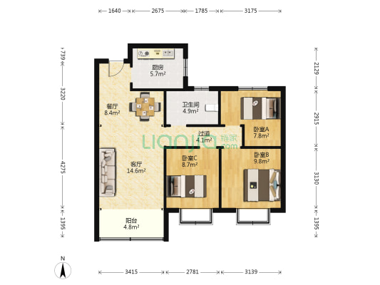开元盛世和园B区 3室2厅1卫 98平方