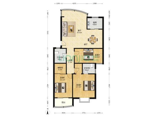 流虹家园 3室1厅2卫 211平方