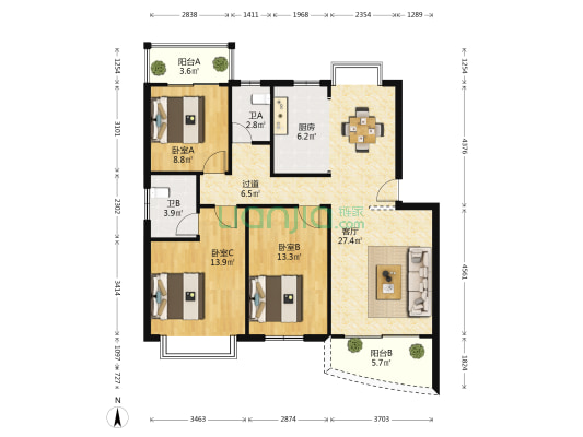 军安新村 3室1厅2卫 104平方