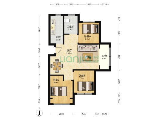幸福社区 3室1厅1卫 88平方
