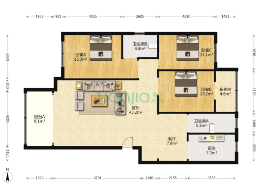 阳光佳园 3室2厅2卫 133平方