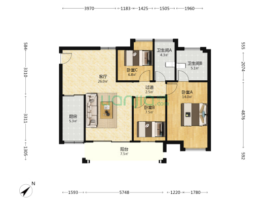 富汇豪苑 3室1厅2卫 89平方