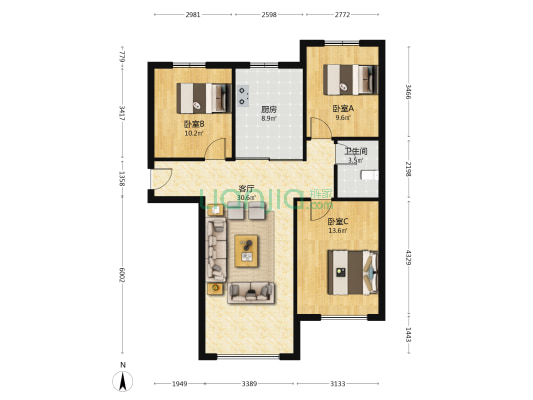 K2狮子城南区 3室2厅 南 北-户型图