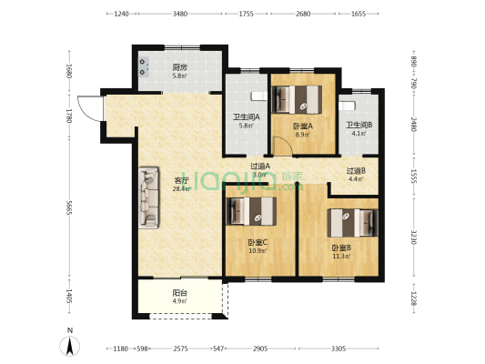 融创城开中原宸院二期 3室1厅2卫 125平方