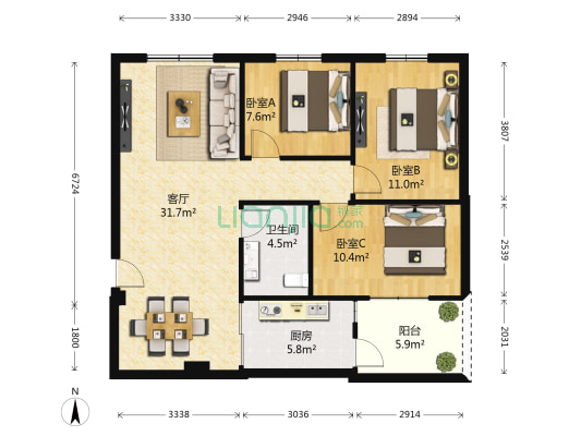 兴云路 3室1厅1卫 81平方