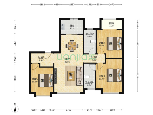 曲江文商檀境 3室1厅2卫 125平方