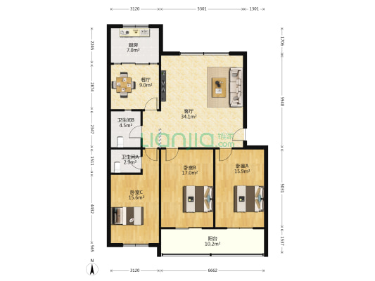 菊花园小区 3室2厅2卫 135平方