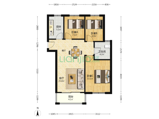 华港雅园B区 3室1厅1卫 94平方