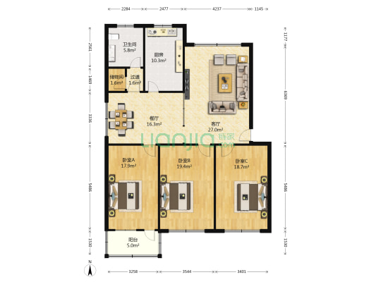 鑫鑫花园 3室2厅1卫 141平方