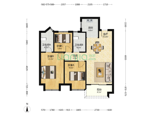 明樾华庭 3室1厅2卫 89平方