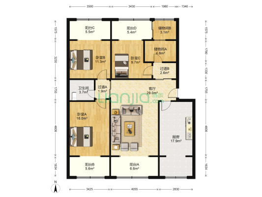 桂园 3室1厅1卫 124平方