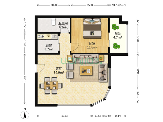 德轩公寓 1室1厅1卫 80平方