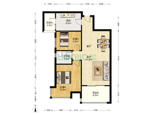 新世界恒大华府 2室1厅1卫 95平方
