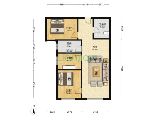 全南向三居楼层好，采光充足视野开阔，生活配套全-户型图