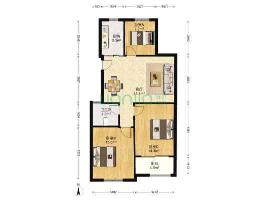 锦绣园 3室1厅1卫 107平方