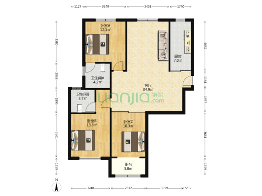 襄河家园西区 3室1厅2卫 124平方