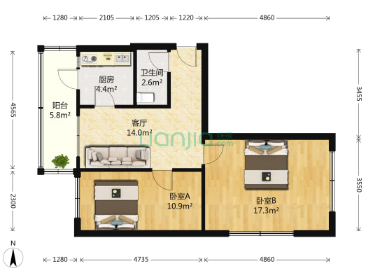 清明四道街 2室1厅1卫 62平方