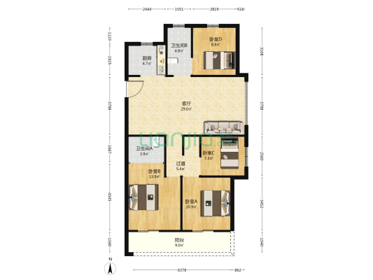 龙盛华庭国瑞府 4室1厅2卫 120平方