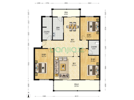 东旭花园 3室2厅2卫 167平方