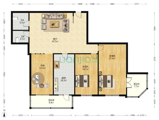 建业大厦 3室1厅2卫 190平方
