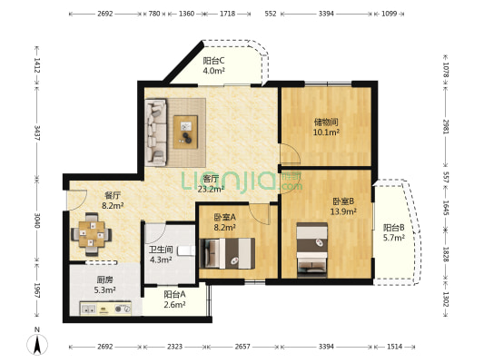 紫荆花园 2室2厅1卫 100平方