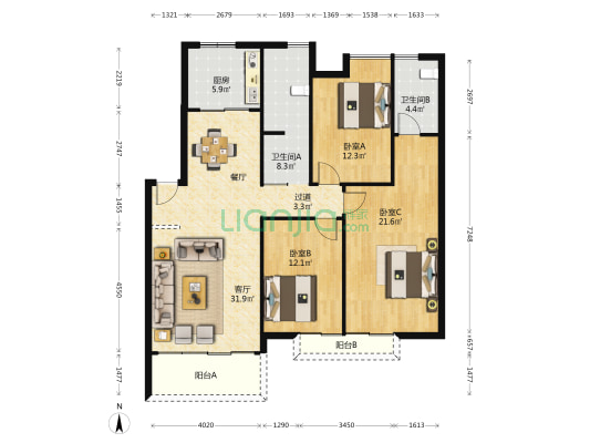 风华天城同顺坊 3室1厅2卫 125平方