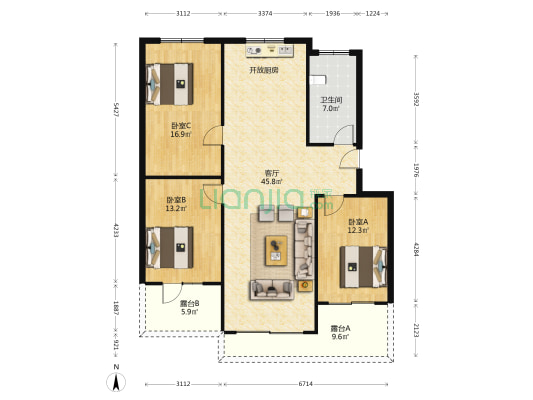 一品苑B区 3室1厅1卫 113平方
